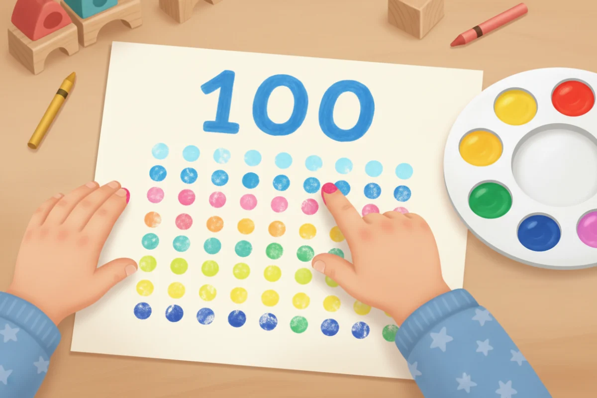 Illustration of a child pressing painted fingerprints onto paper in neat rows of ten, with a few rows already in different colors