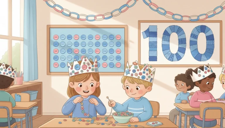 Illustration of kindergarteners celebrating the 100th day of school with sticker crowns, a poster of 100 buttons in rows of ten and a long paper chain