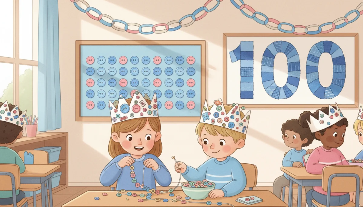 Illustration of kindergarteners celebrating the 100th day of school with sticker crowns, a poster of 100 buttons in rows of ten and a long paper chain