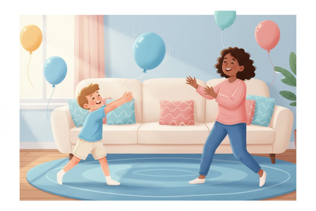 Illustration of a parent and child playing balloon volleyball in a living room, the child reaching across their body to hit the balloon