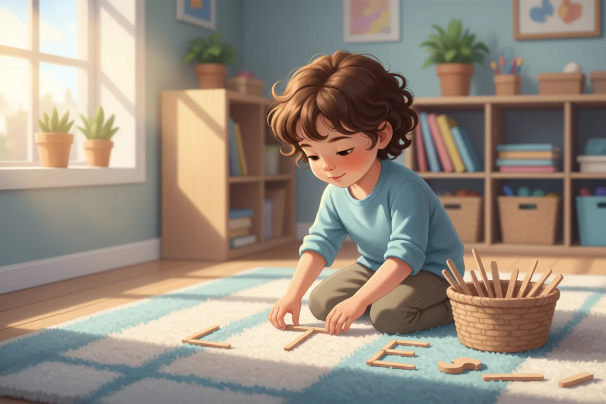 Illustration of a preschooler building the capital letters L, T and E from wooden sticks on a rug