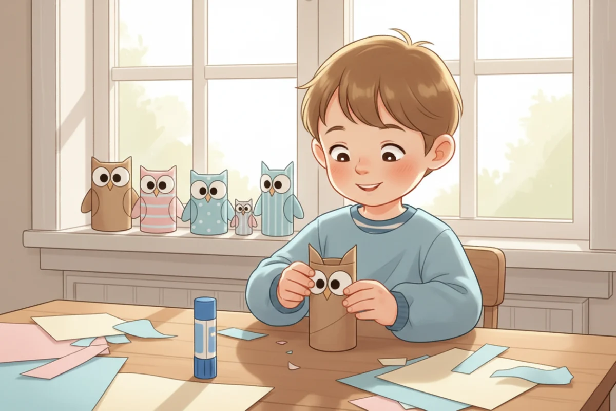 Illustration of a child folding the top of a cardboard tube inward to make owl ears, with finished tube owls wrapped in paper lined up on a windowsill