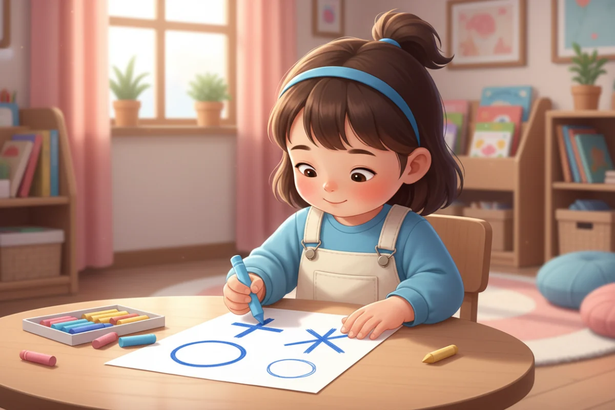 Illustration of a preschool child copying a circle and a cross on paper with a crayon
