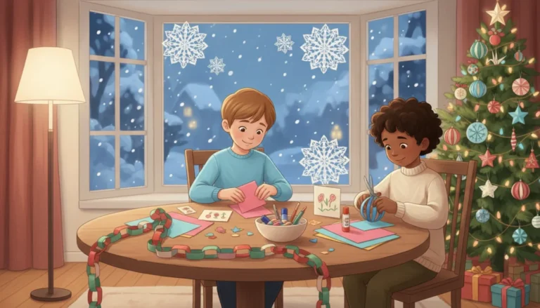Illustration of children making Christmas paper crafts at a living room table: a long red and green paper chain, cut paper snowflakes, handmade cards and paper strip ornaments, with a tree in the background