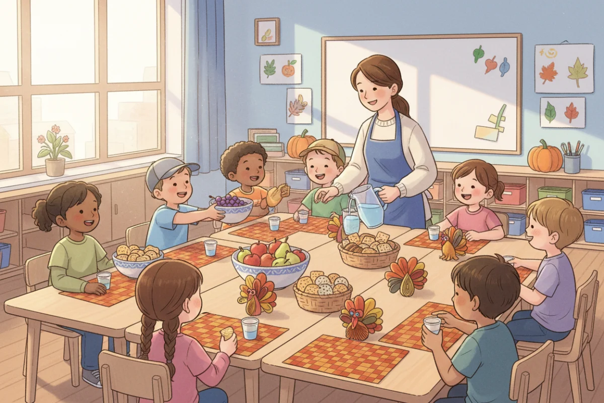 Illustration of a kindergarten class feast with woven paper placemats, paper strip turkeys as centerpieces and children passing bowls of fruit and crackers to each other