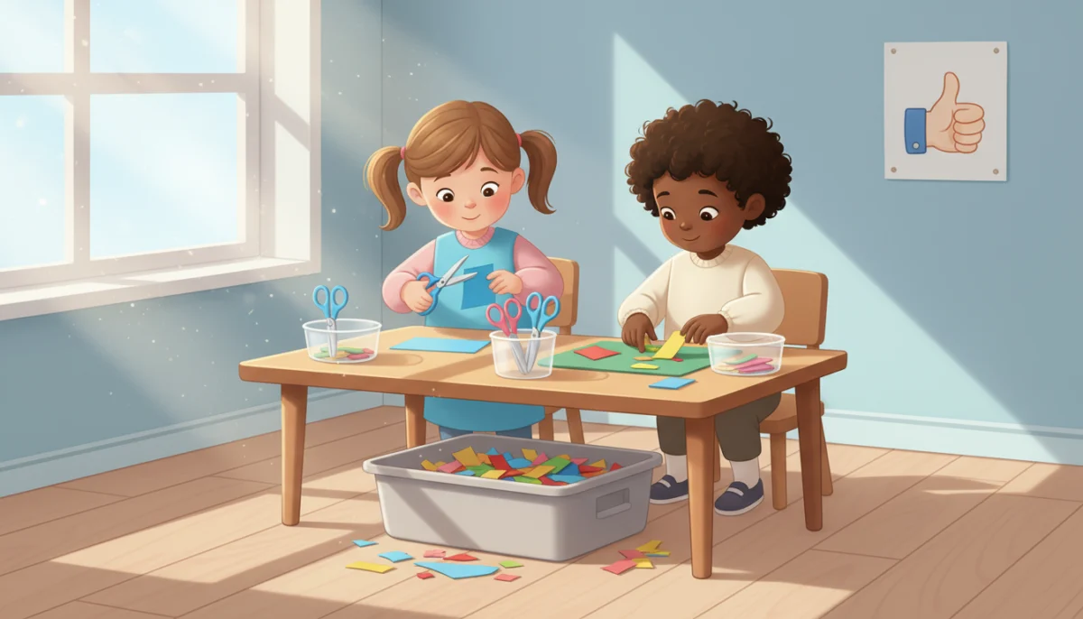 Illustration of two preschoolers at a small classroom cutting station with tubs of paper strips, a scissor caddy and a recycling bin full of snips