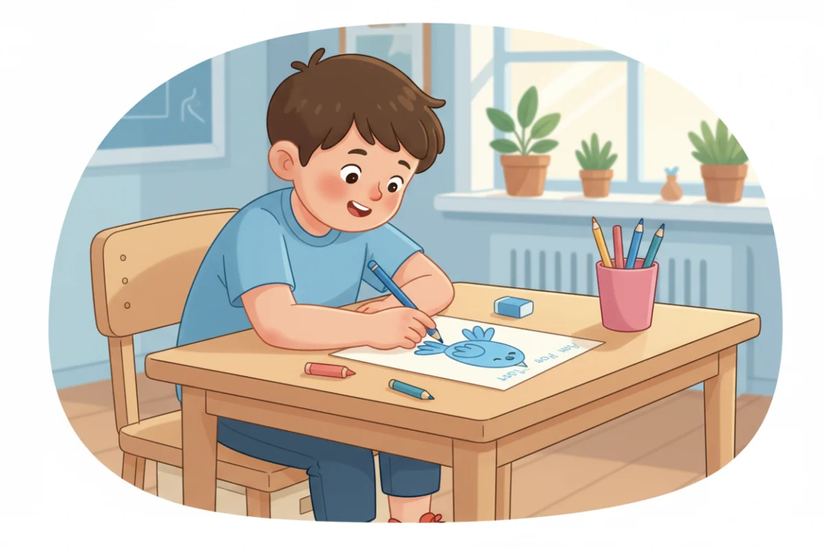 Illustration of a child sitting at a desk with feet resting on a box and paper tilted for writing