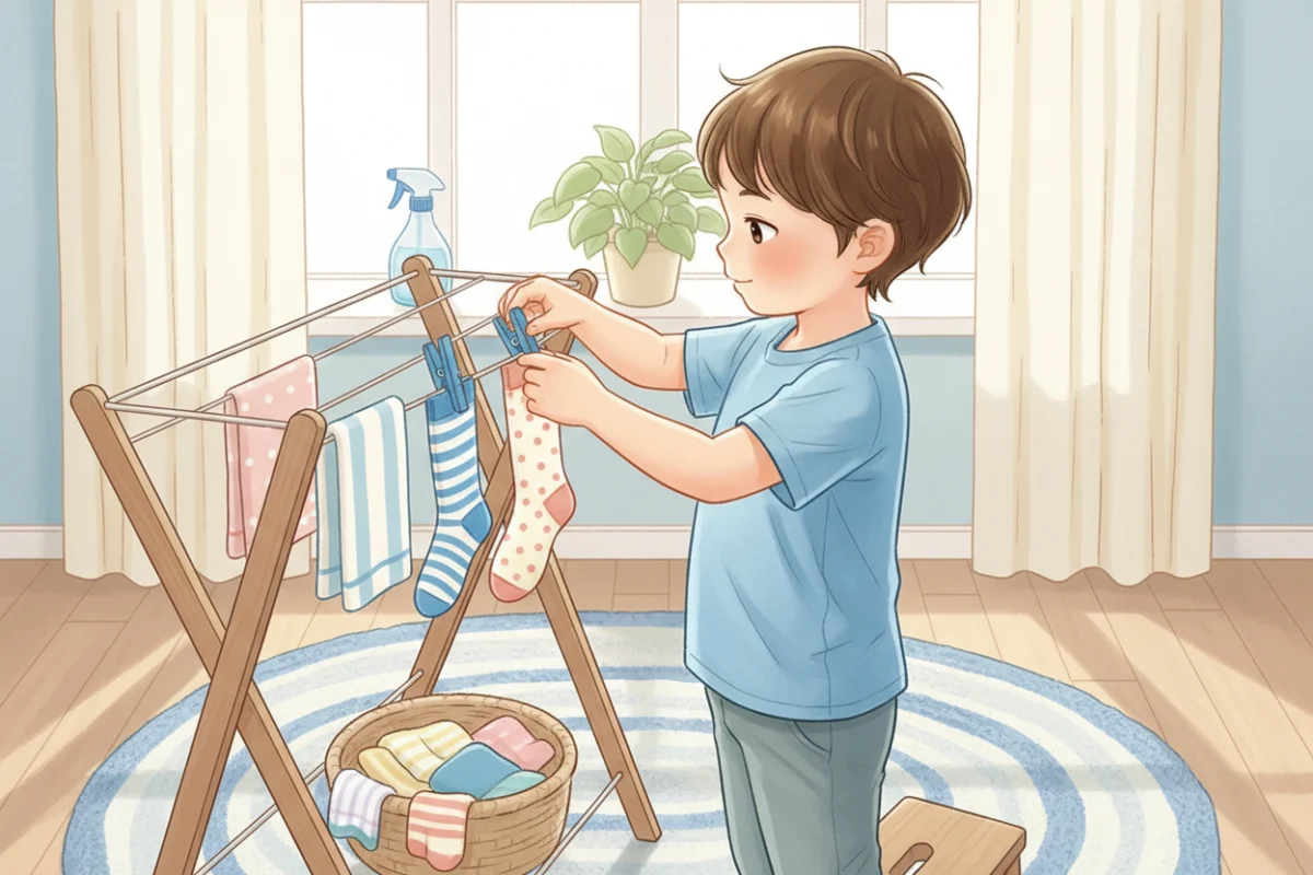 Illustration of a child hanging socks on a drying rack with clothespins
