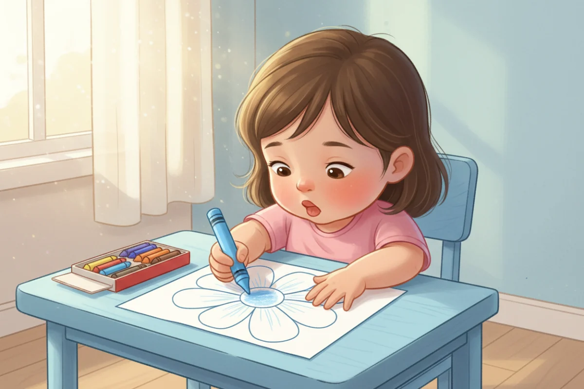 Illustration of a four-year-old coloring a large simple flower with a chunky crayon, helper hand holding the page