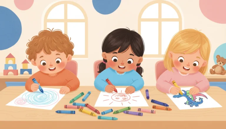 Illustration of three children of different ages coloring at a table, from big scribbles to careful coloring inside the lines