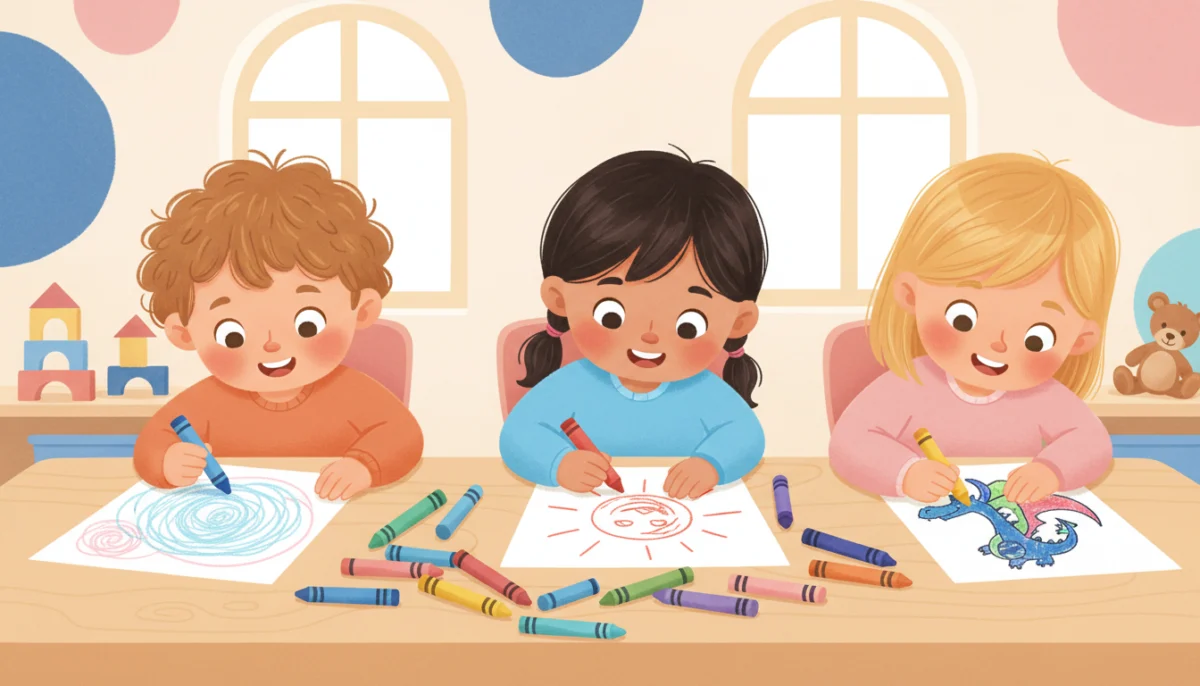 Illustration of three children of different ages coloring at a table, from big scribbles to careful coloring inside the lines