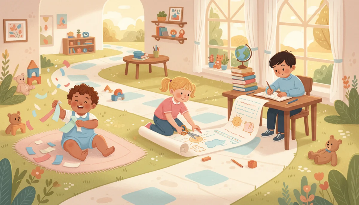 Illustration of a winding path from a toddler tearing paper, through a child cutting and coloring, to a school-age child writing neatly at a desk