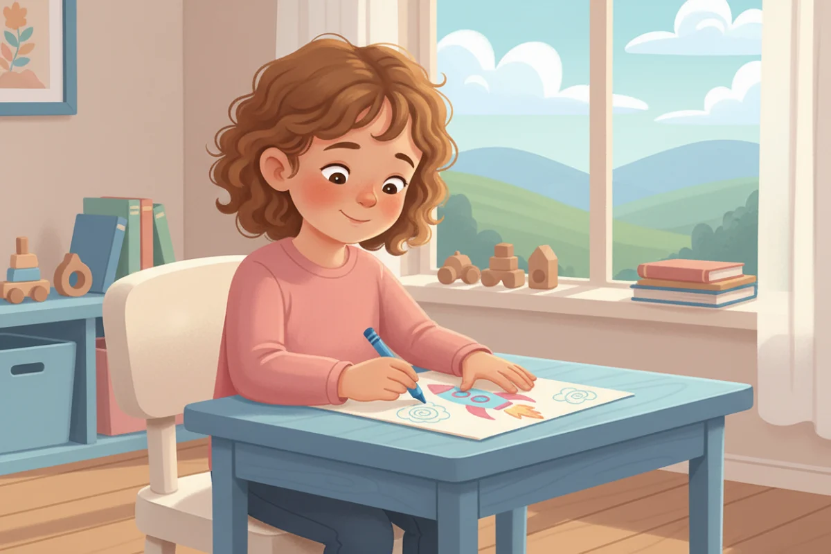 Illustration of a child sitting with good posture at a desk, one hand drawing and the other holding the paper