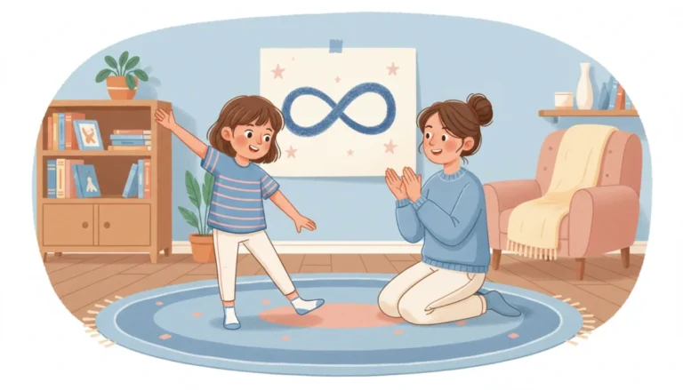 Illustration of a child touching their right hand to their left foot in a living room while a parent claps along
