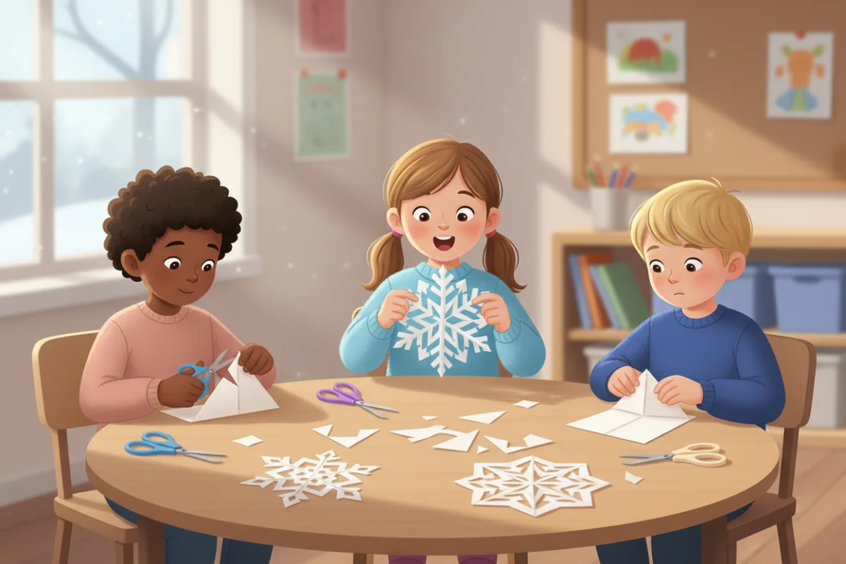 Illustration of children cutting notches into folded white paper and opening the paper into snowflakes at a classroom table