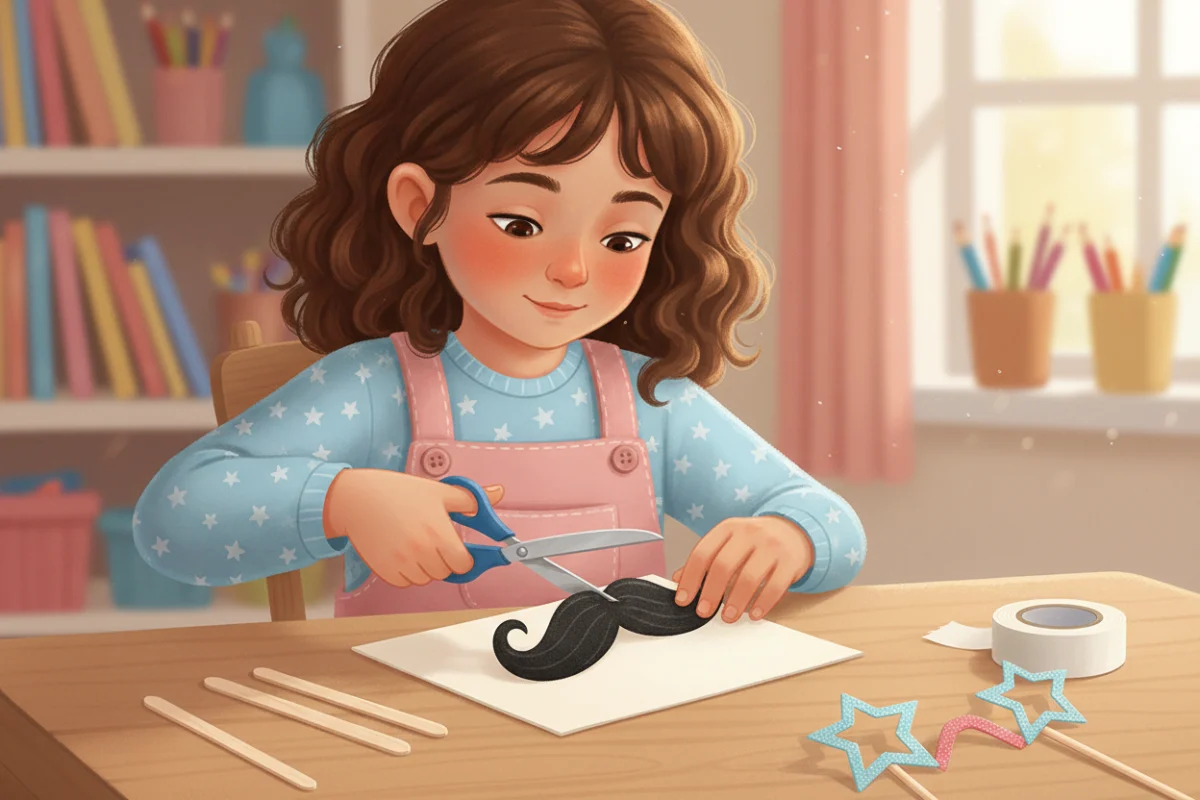 Illustration of a six-year-old carefully cutting a large black paper mustache from card, turning the card with the other hand