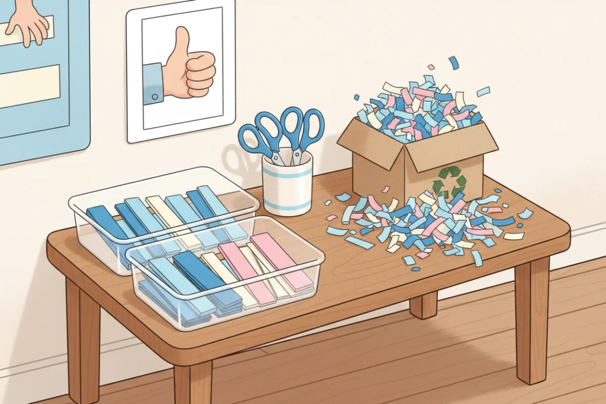 Illustration of a classroom cutting station with tubs of paper strips, scissors in a cup and a box full of paper snips