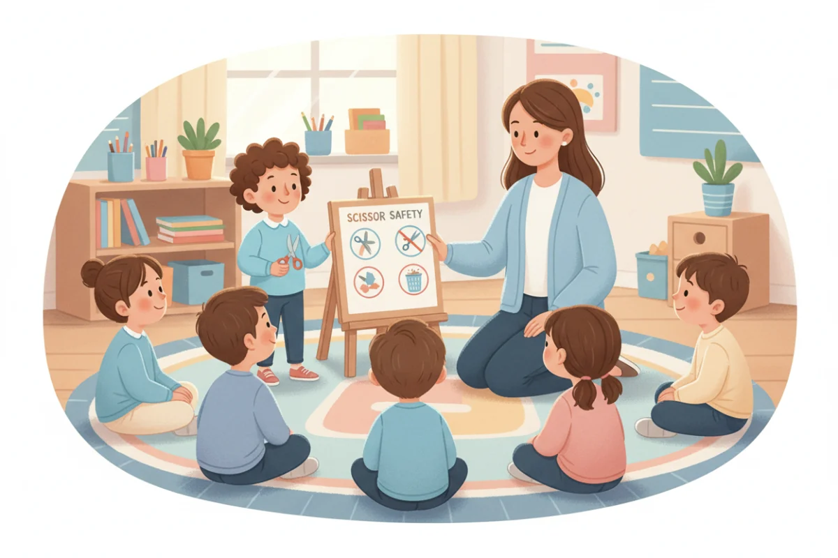 Illustration of a teacher showing a picture chart of four scissor rules to a small group of preschoolers sitting on a rug