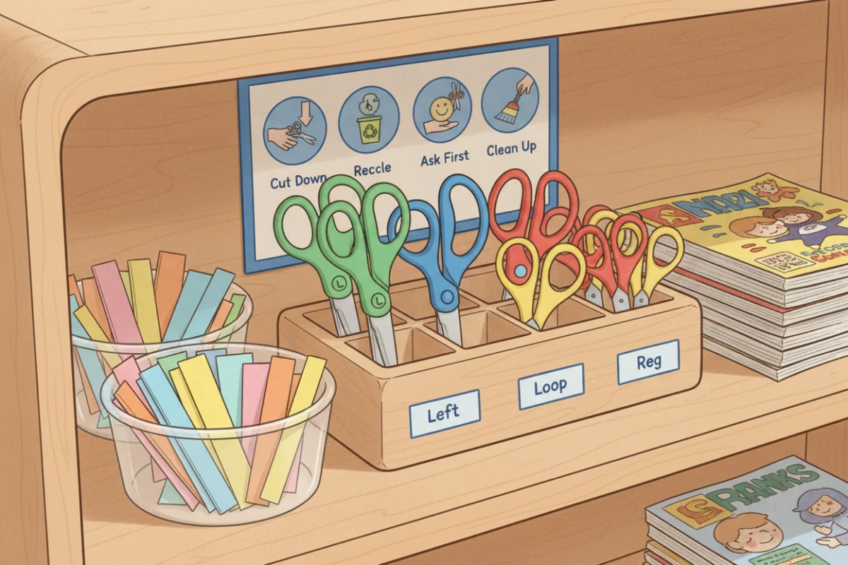 Illustration of a scissor caddy with marked slots, tubs of paper strips and magazines, and a picture chart of scissor rules on a low shelf