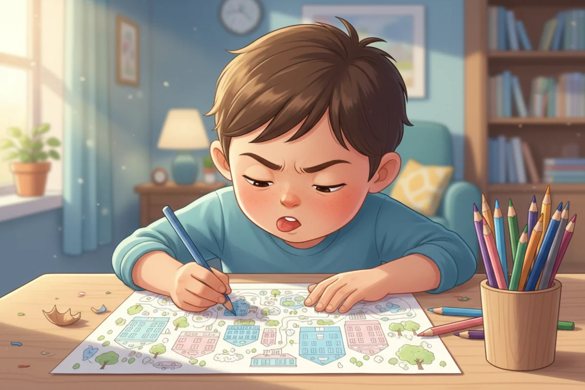 Illustration of a seven-year-old carefully coloring a detailed scene with colored pencils, tongue out in concentration