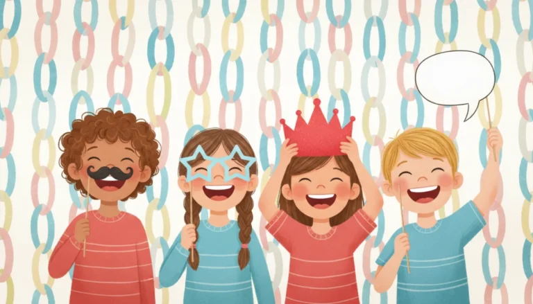 Illustration of laughing children holding paper photo booth props on sticks: a mustache, star glasses, a crown and a speech bubble, in front of a paper chain backdrop