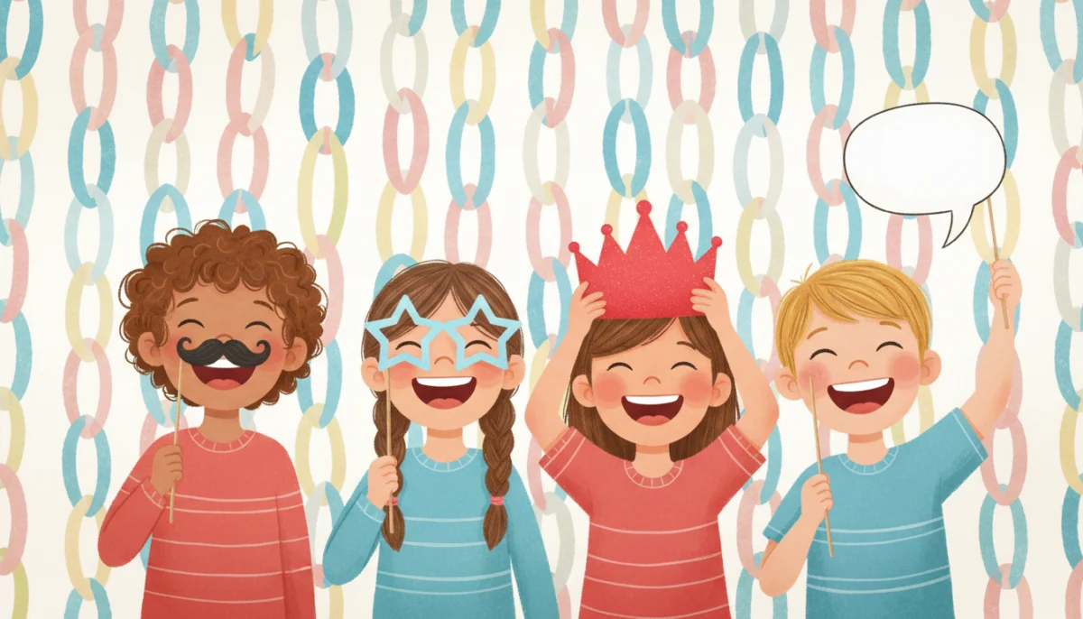 Illustration of laughing children holding paper photo booth props on sticks: a mustache, star glasses, a crown and a speech bubble, in front of a paper chain backdrop