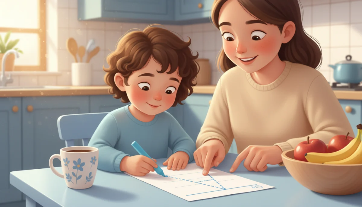 Illustration of a parent and preschooler at a kitchen table with a tracing worksheet, the child tracing a large letter with a chunky crayon
