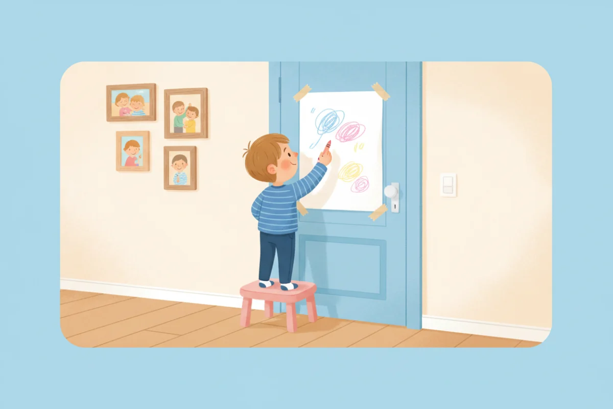 Illustration of a child drawing on paper taped to a door at home