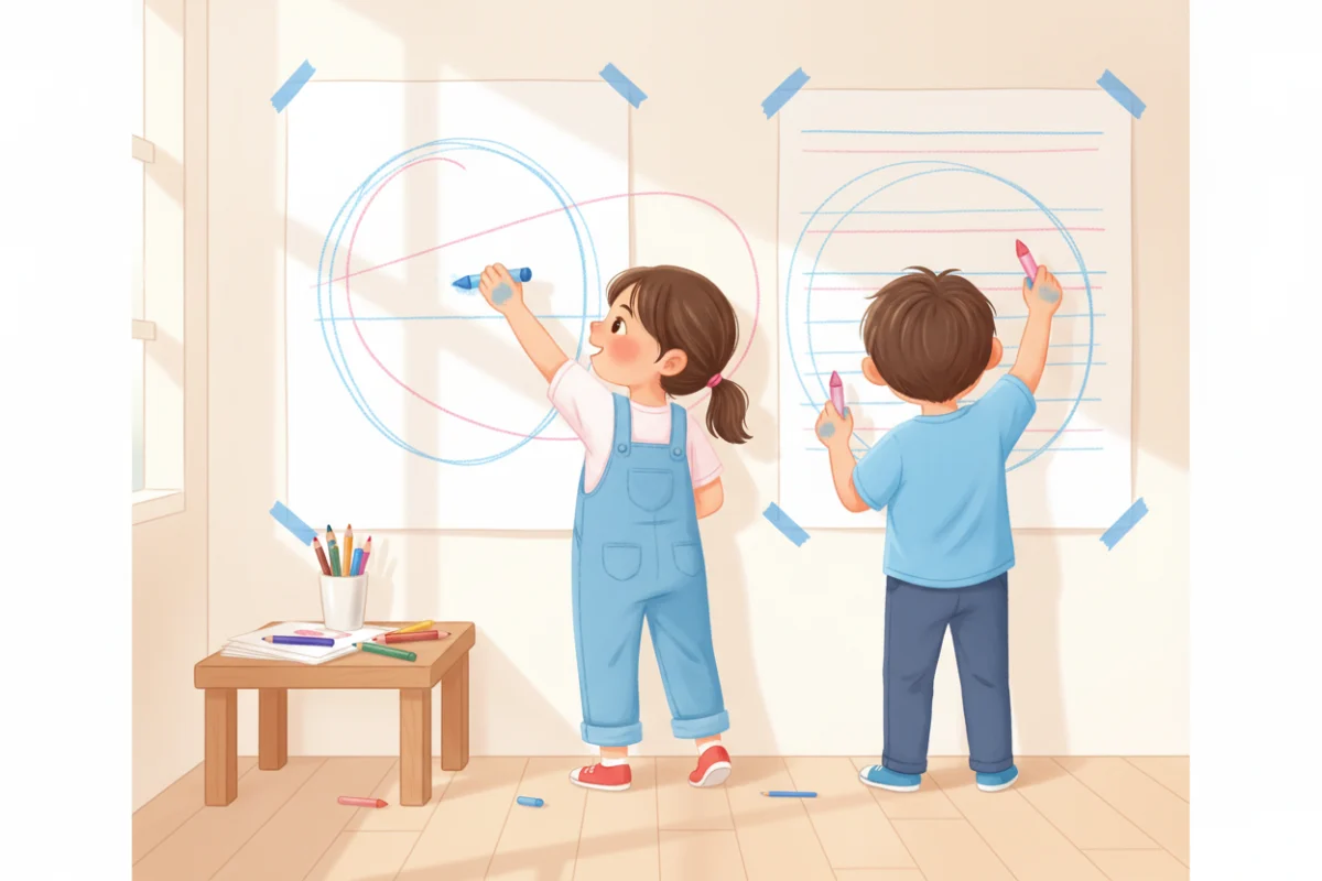 Illustration of two preschool children drawing big circles and lines on paper taped to a wall