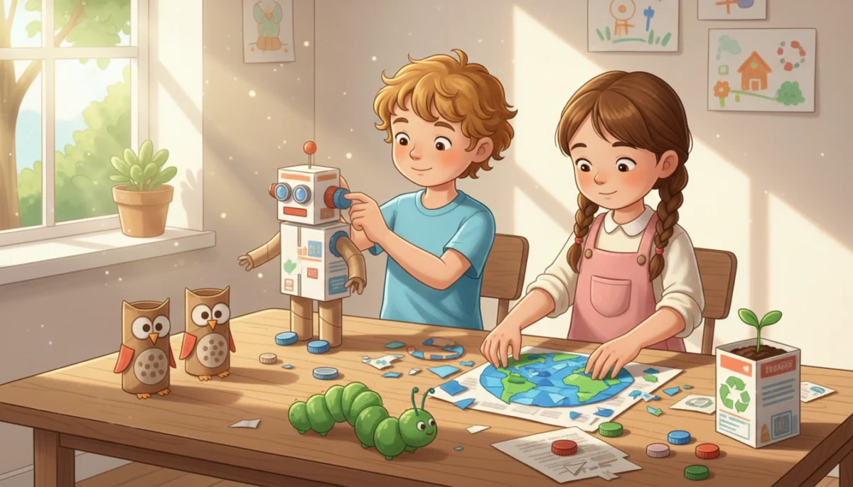 Illustration of children making Earth Day crafts from recycling: a cardboard box robot, tube animals, an egg carton caterpillar, a cereal box planter with a sprout and a junk mail Earth collage