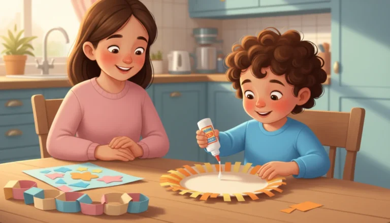Illustration of a preschooler at a kitchen table making a paper plate lion with a fringed mane while a parent watches with hands in lap