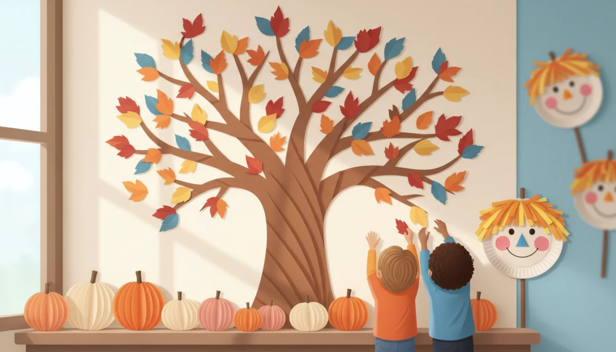 Illustration of a classroom fall display with torn paper leaves on a tree, paper strip pumpkins and a paper plate scarecrow made by children