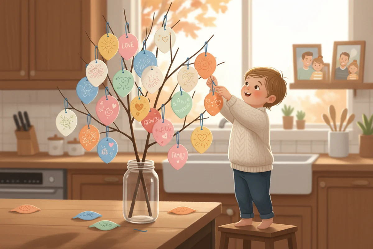 Illustration of a bare branch in a jar on a kitchen counter hung with colorful paper leaves, a child tying on a new leaf with a drawing on it