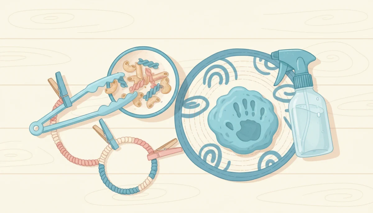 Illustration of household items for fine motor play: tongs, clothespins, pasta, yarn, playdough and a spray bottle