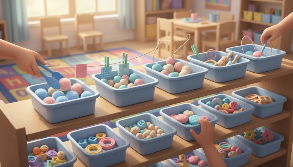 Illustration of classroom fine motor tubs with tongs, pom-poms, clothespins, beads and playdough