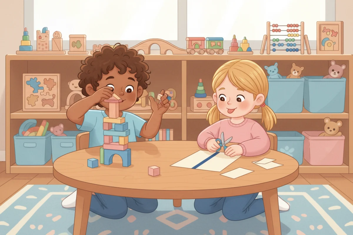Illustration of a three-year-old stacking blocks and a four-year-old cutting along a straight line at a playroom table
