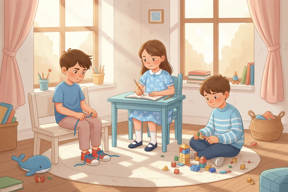 Illustration of a six-year-old tying shoelaces, a seven-year-old writing a paragraph and an eight-year-old building a detailed model