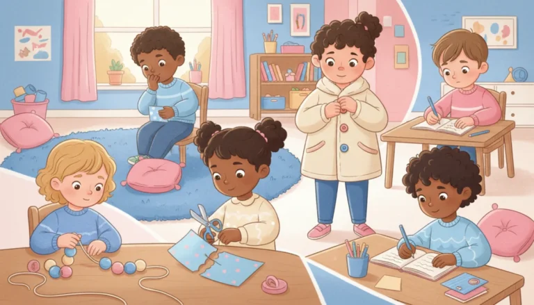Illustration of children of different ages doing fine motor tasks: threading beads, cutting paper, buttoning a coat and writing