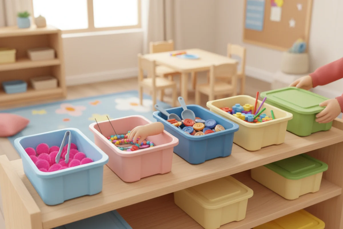 Illustration of a low classroom shelf with labeled-free colorful tubs of fine motor materials