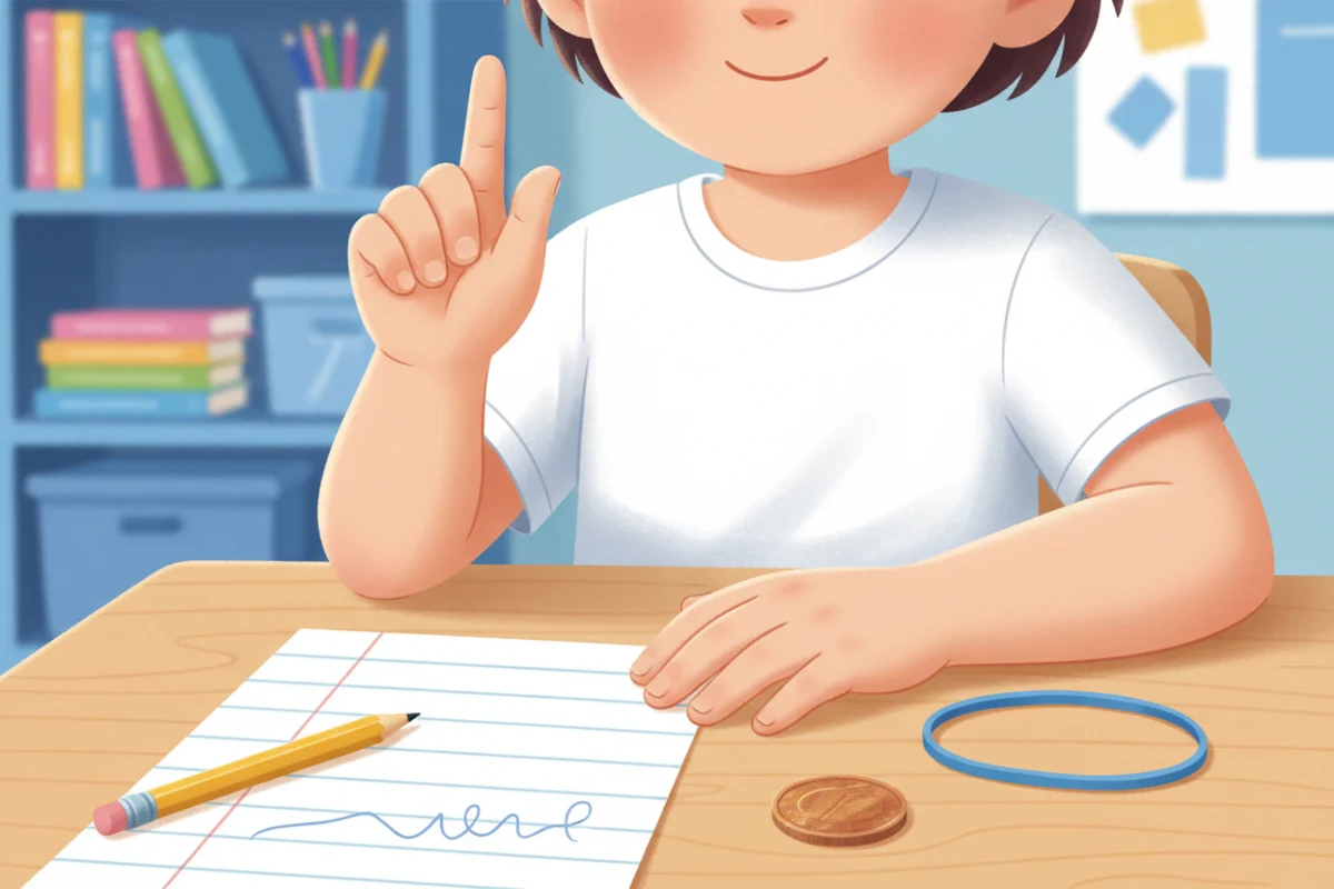Illustration of a child's hands doing finger-to-thumb taps at a desk with a pencil waiting nearby