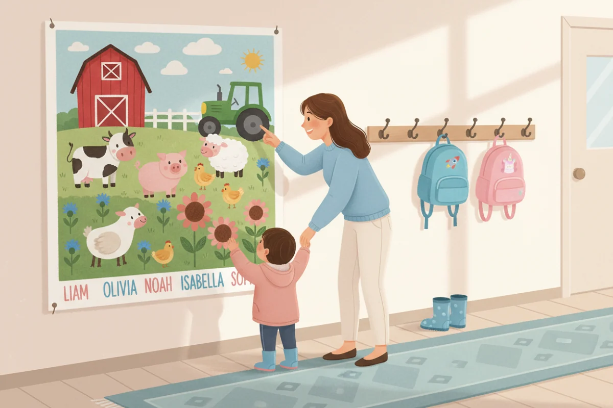 Illustration of a finished giant colored poster hung in a school hallway with children's names written along the bottom and families looking at it