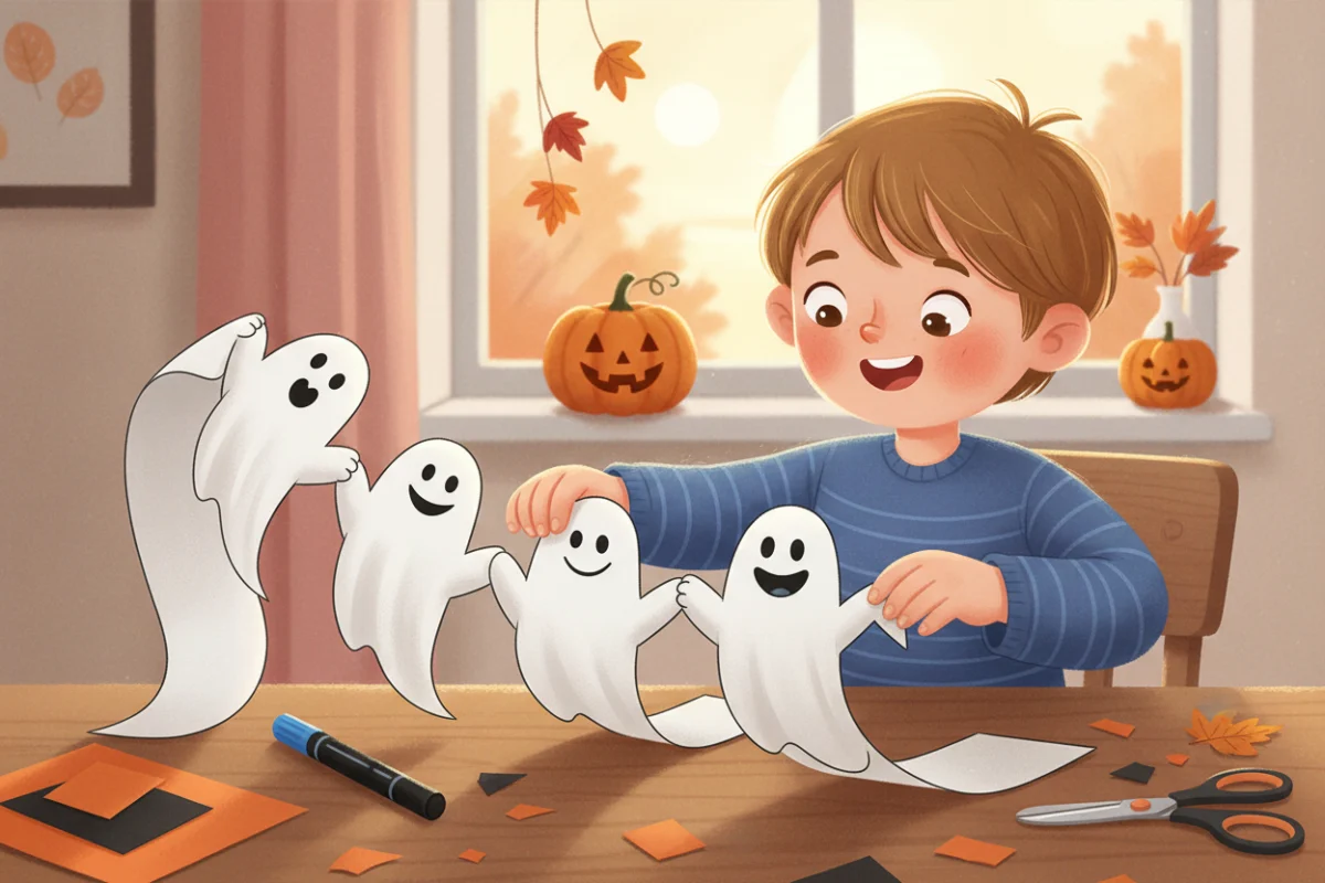 Illustration of a child opening an accordion-folded strip of white paper into a chain of smiling ghosts holding hands