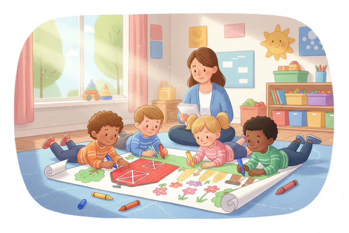 Illustration of several preschoolers lying on the floor coloring a giant poster together with markers and crayons