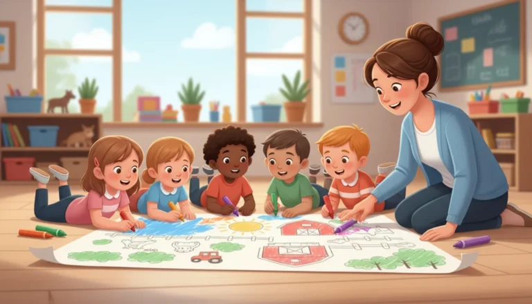 Illustration of six preschoolers lying on a classroom floor coloring a giant farm poster together with chunky crayons and markers