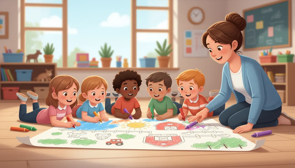 Illustration of six preschoolers lying on a classroom floor coloring a giant farm poster together with chunky crayons and markers