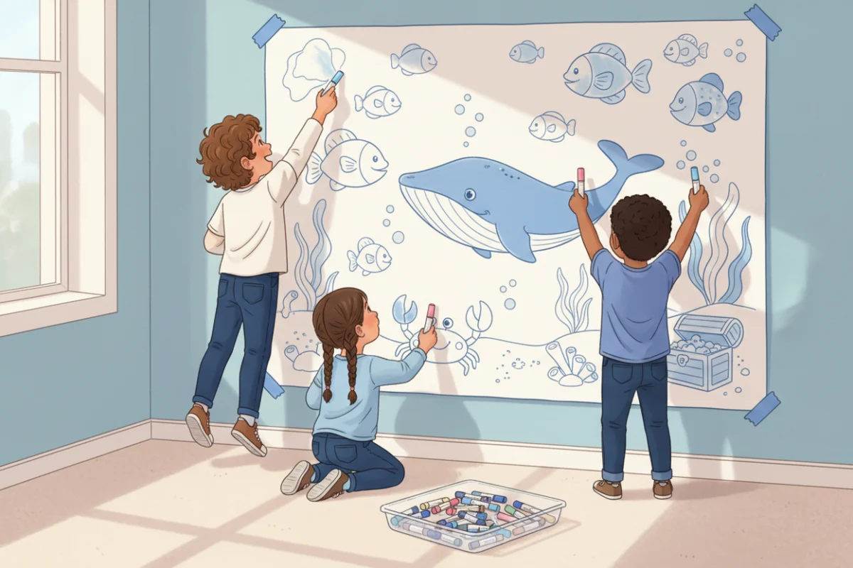 Illustration of preschoolers standing to color the top half of a giant poster taped to a classroom wall at child height
