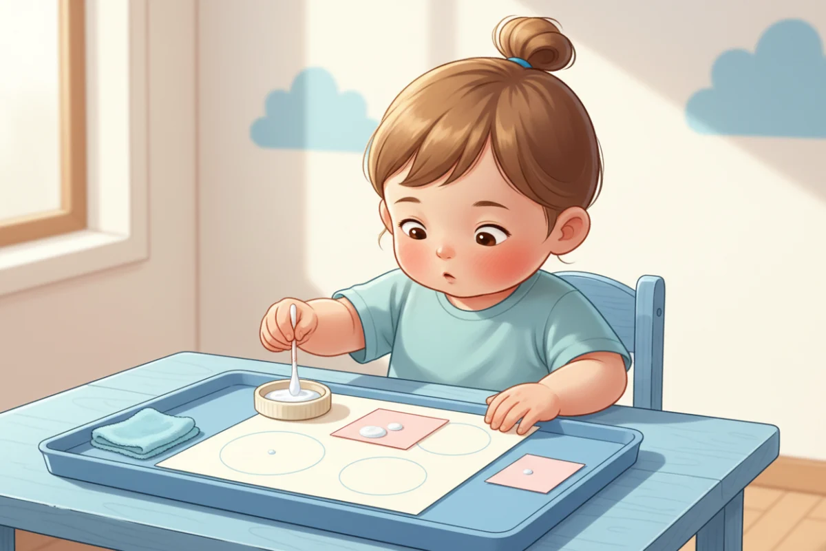 Illustration of a shallow lid of white glue with a cotton swab, a toddler dabbing glue onto a paper square, damp cloth nearby