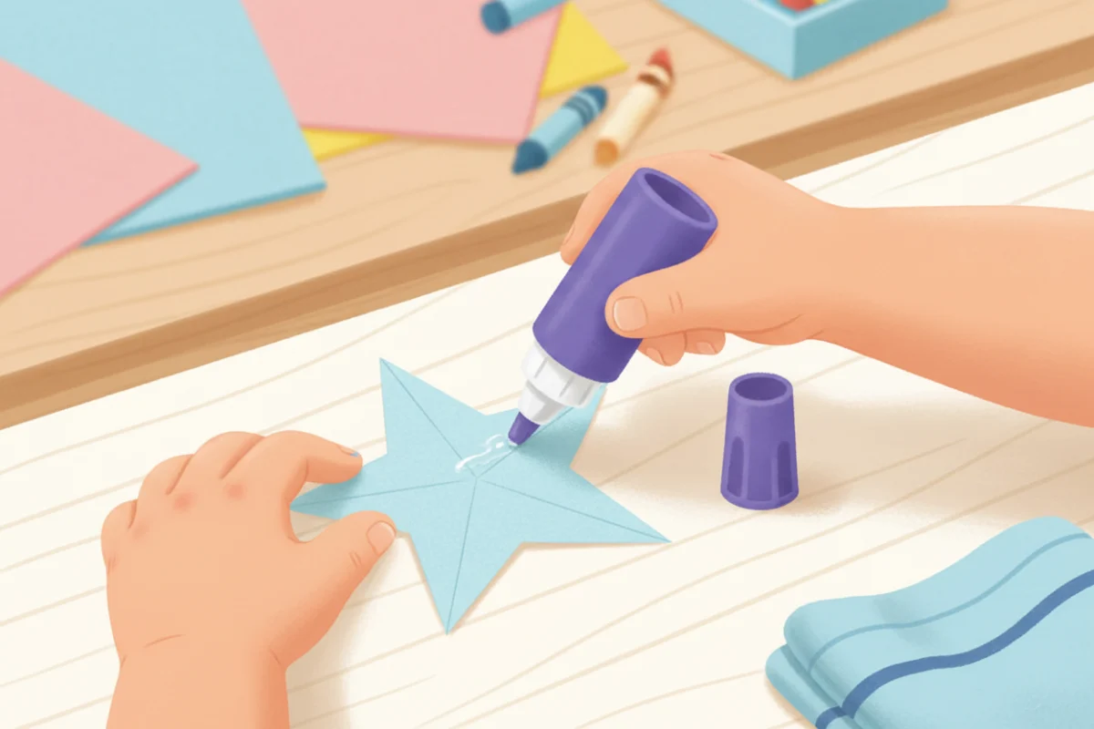 Illustration of a close-up of a child's hands rubbing a glue stick along the edge of a paper shape with the other hand holding it flat