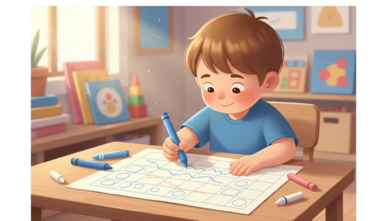 Illustration of a kindergarten child drawing lines and shapes with a crayon at a classroom table