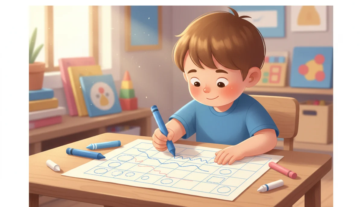 Illustration of a kindergarten child drawing lines and shapes with a crayon at a classroom table
